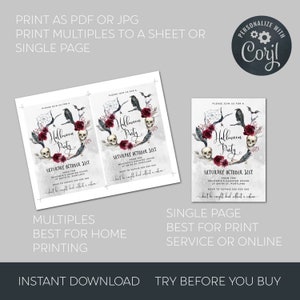 May include: Printable Halloween party invitation with a spooky, gothic design. The invitation features a raven, skulls, and red roses on a gray background. The text reads "Please join us for a Halloween Party" and includes the date, time, and location of the party.