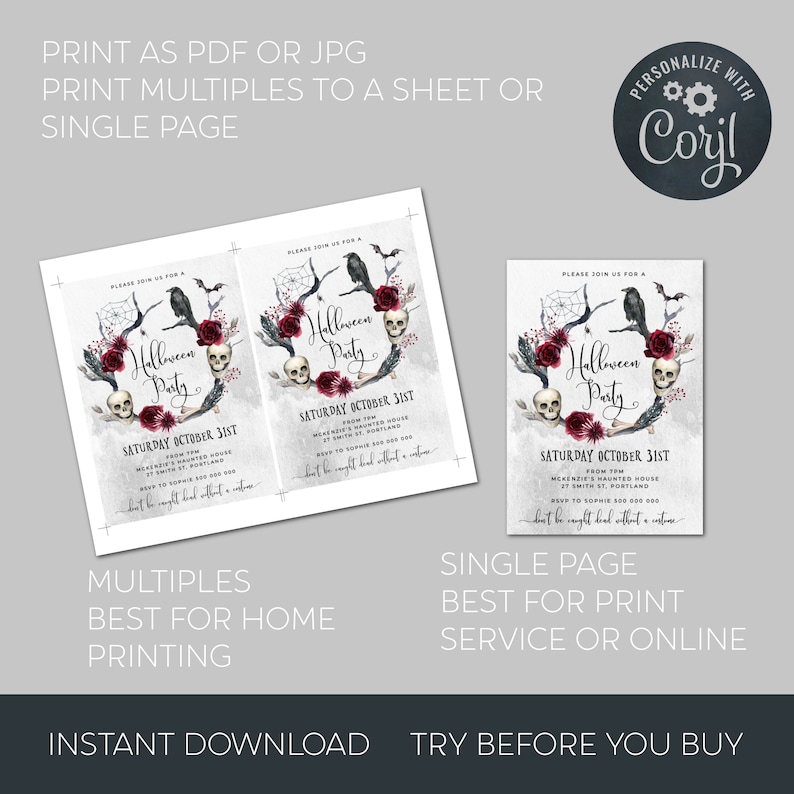 May include: Printable Halloween party invitation with a spooky, gothic design. The invitation features a raven, skulls, and red roses on a gray background. The text reads "Please join us for a Halloween Party" and includes the date, time, and location of the party.