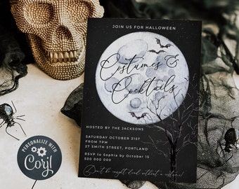 Halloween Costumes & Cocktails Invitation Template, Printable Full Moon Invite, Editable Halloween Spooktacular Invite, Instant Download #HM