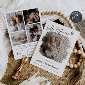 Plantilla de anuncio de nacimiento de Hello Little One, tarjetas fotográficas imprimibles para recién nacidos, agradecimiento minimalista moderno editable para bebé, descarga instantánea