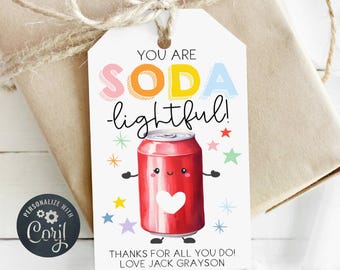 Soda Teacher Appreciation Gift Tag-sjabloon, afdrukbare soda-lightful gunsttag, bewerkbaar personeelsbedankje, digitale download