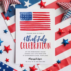 4th Of July Party Invitation Template, Printable July Fourth American Flag Invite, Editable Red White & Blue Invite, Instant Download, #J2
