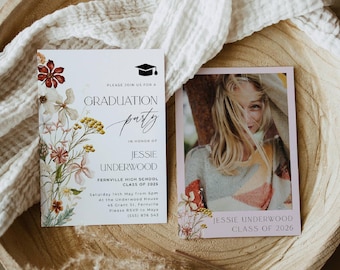Boho Wildflowers Graduation Invitation Template, Printable Modern Photo Graduate Announcement, Editable Grad Party Invite, Digital Download