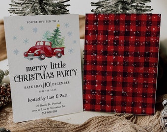 Rustic Red Truck Christmas Invitation Template, Printable Buffalo Plaid Holiday Party Invite, Editable Merry Little Xmas, Instant Download