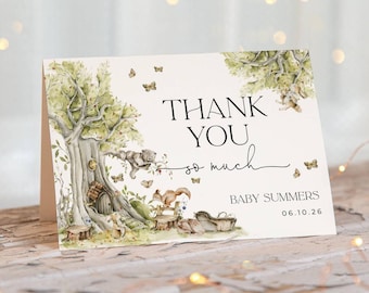 Woodland Baby Shower Thank You Card Template, Forest Animals Shower Thank You Printable, Editable Flat Or Folded Card, Digital Download, #WS