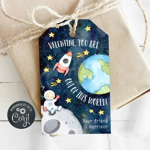 Modello di etichetta regalo spaziale per San Valentino, etichetta stampabile "Sei fuori dal mondo", etichette modificabili per razzi di San Valentino per la scuola, download immediato