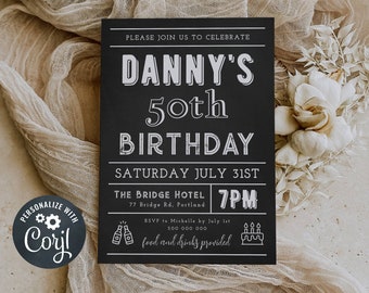 Chalkboard Any Age Birthday Invitation Template, Printable Editable Adult Birthday Party Invite, 30th 40th 50th 60th 70th, Instant Download