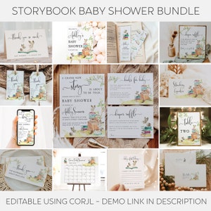Storybook Baby Shower Template Bundle, Printable Book Themed Baby Shower Pack, Editable Gender Neutral Shower Set, Instant Download, #BT