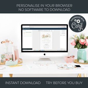 Pu&ograve; includere: Uno schermo di computer che mostra un sito web con un modello di invito di design floreale. Il sito web si chiama "Cori" e consente agli utenti di personalizzare l'invito nel loro browser. Il testo sull'invito dice "Save the Date" e "Ashley & Noah".