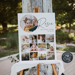 Moderne Fotovorlage für das erste Jahr, druckbare Fotocollage zum 1. Geburtstag des Babys, bearbeitbares minimales Jahr in Bildern, sofortiger Download