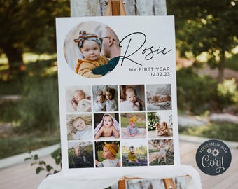 Modern First Year Photo Board Template, Printable Baby's 1st Birthday Photo Collage, Editable Minimal Year In Pictures, Digital Download