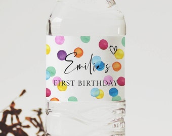 Watercolor Spots Water Bottle Label Template, Printable Birthday Baby Shower Bottle Wrap, Editable Rainbow Water Tag, Instant Download, #RSB