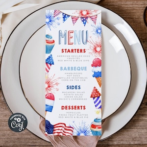 4th Of July Menu Card Template, Printable Patriotic Fireworks BBQ Lunch July Fourth Menu, Editable American Dinner Menu, Instant Download