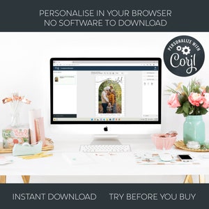 May include: A computer screen displaying a website with a design template for a Thanksgiving card. The card features a photo of a family and the word "Thankful" in a handwritten font. The website is called "Coril" and allows users to personalize their designs.