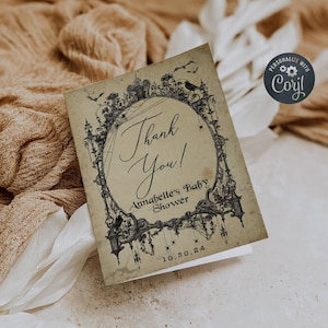 Plantilla editable de tarjeta de agradecimiento de baby shower con marco gótico vintage, gracias de ducha de octubre embrujada y espeluznante imprimible, descarga instantánea, #H7