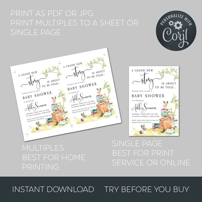 May include: A printable baby shower invitation with a woodland theme. The invitation features a watercolor illustration of a rabbit sitting on a tree stump with a stack of books. The text on the invitation reads "A Grand New Story is About to be Told..." and "Please join us for a Baby Shower in honor of Ashley Summers".