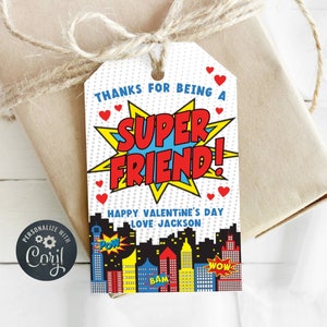 Super Freund Valentinstag Geschenkanhänger Vorlage, druckbare Superheld Comic Buch Favor Tag, bearbeitbare Schule Valentine Tags, Sofort Download