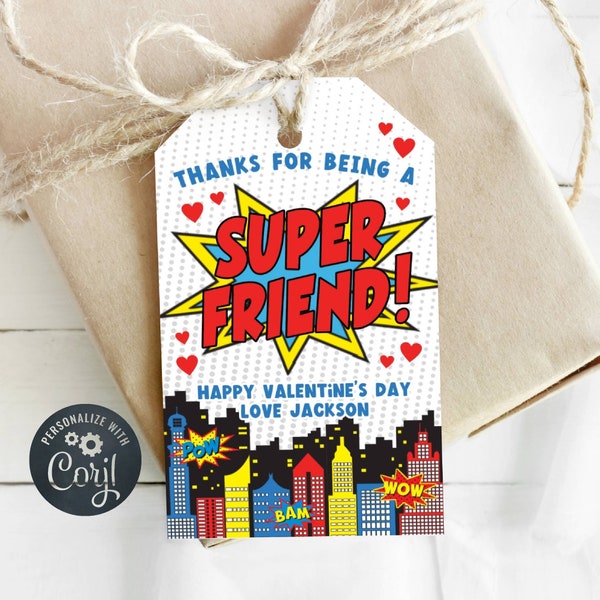 Super Friend Valentine's Day Gift Tag Template, Printable Superhero Comic Book Favor Tag, Editable School Valentine Tags, Instant Download