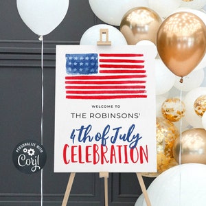 4th Of July Party Welcome Sign Template, Printable American Flag Welcome Poster, Editable Independence Day Sign, Instant Download, #J2