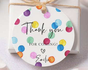 Round Watercolor Spots Party Favor Tag Template, Printable Thank You For Coming Gift Tag, Editable Rainbow Stickers, Digital Download, #RSB