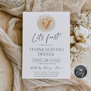 Thanksgiving Dinner Pumpkin Pie Invitation Template, Printable Minimal Friendsgiving Invite, Editable Dinner Party Invite, Instant Download