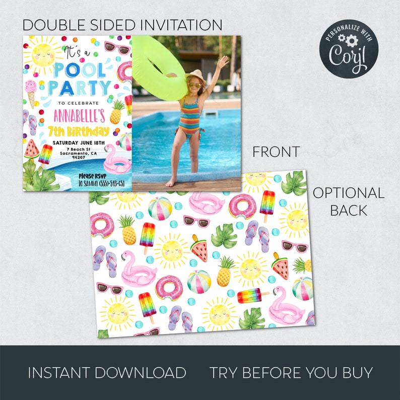Photo Party Invitations Pool Party Photo Invitation Template Editable Pool Birthday - Etsy