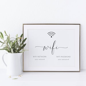 May include: A framed white print with the word "wifi" in elegant script, accompanied by a wifi signal icon. Below, it reads "WIFI NETWORK your network" and "WIFI PASSWORD your password". A white pitcher with greenery sits to the left.