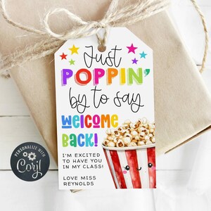 Back To School Popcorn Gift Tag Template, Printable First Day Just Poppin&#39; By Favor Tag, Editable Class Welcome Tag, Instant Download