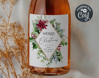 Editable Christmas Wine Bottle Label Template, Printable Holiday Floral Wine Labels, Winter Flowers Christmas Wine Gift, Instant Download