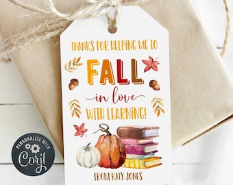 Afdrukbare herfst leraar cadeaukaartje sjabloon, bewerkbare boeken leraar waardering gunst tag, verliefd worden op leren tag, digitale download