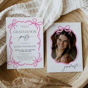 Pink Bow Graduation Party Photo Invitation Template, Printable Ribbon Coquette Graduate Announcement, Editable Grad Invite, Instant Download