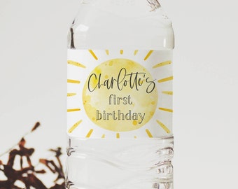 Plantilla de etiqueta para botella de agua de cumpleaños con diseño de sol, etiquetas imprimibles para botellas "Primer viaje alrededor del sol", etiqueta boho editable, descarga digital, #S1