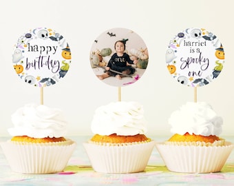 Plantilla imprimible para adornos de cupcakes de Halloween para el primer cumpleaños, palillos editables para cupcakes de Halloween, adornos para fotos, descarga digital, #H3