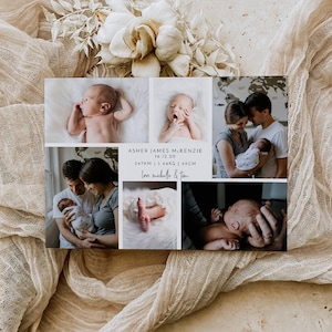 May include: A collage-style birth announcement featuring multiple photos of a newborn baby. The announcement includes the baby's name, birth date, time, weight (5.44kg), and length (49cm), along with a message from the parents.