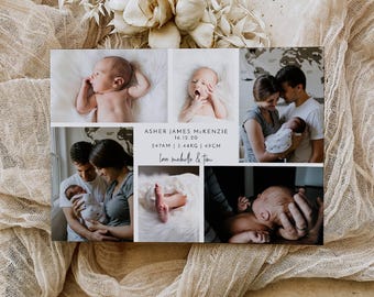 May include: A collage-style birth announcement featuring multiple photos of a newborn baby. The announcement includes the baby's name, birth date, time, weight (5.44kg), and length (49cm), along with a message from the parents.