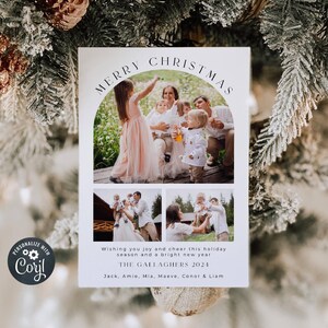Boho Arch Three Photo Holiday Card Template, Wydrukuj nowoczesną kartkę świąteczną, Edytowalna minimalistyczna rodzinna kartka świąteczna, Natychmiastowe pobieranie