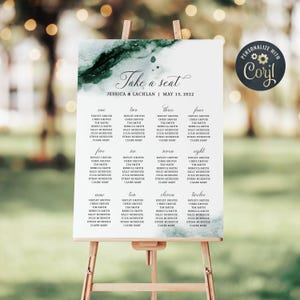 Plantilla de plano de asientos para boda en acuarela verde esmeralda, letrero de mesa abstracto verde imprimible, asientos modernos editables, descarga instantánea #EGW