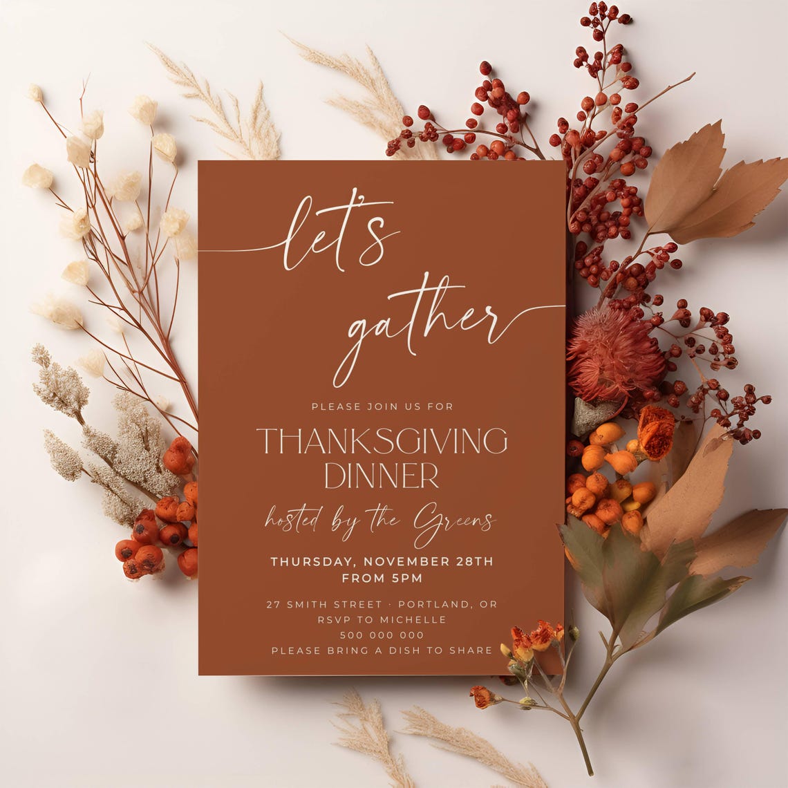 T1 Invite Terracotta Thanksgiving Invitation Template, Printable Modern ...