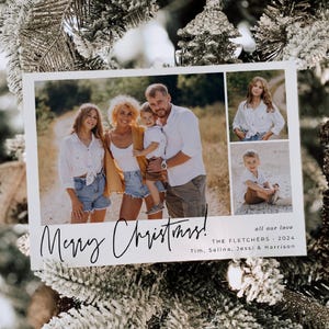 Moderne minimalistische kerstkaartsjabloon met drie foto's, afdrukbare eenvoudige kerstkaart, bewerkbare familiefoto kerstkaart, direct downloaden
