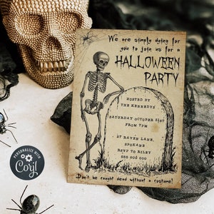 Vintage Skeleton Tombstone Halloween Invitation Template, Editable Gravestone Invite, Printable Spooky Soirée Invite, Instant Download