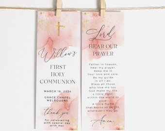 Blush Pink & Gold First Holy Communion Bookmark Template, Printable Girl Watercolor Bookmark, Editable 1st Communion, Digital Download, #PB