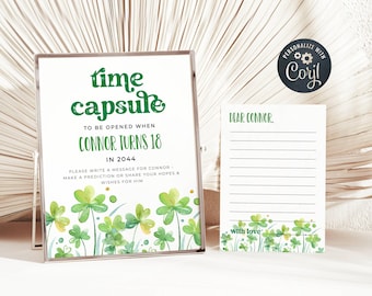 May include: A time capsule sign and note card with green text and shamrock illustrations. The sign reads "time capsule" and "to be opened when Connor turns 18 in 2044." The note card says "Dear Connor" and "with love."