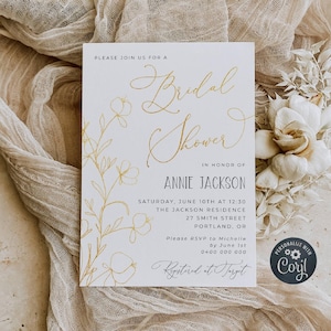 Gold Floral Bridal Shower Invitation Template, Printable Modern Minimalist Bridal Shower Invite, Editable Elegant Shower, Instant Download