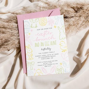 May include: A pastel pink and yellow invitation card with a hand-drawn illustration of bunnies, chicks, and eggs. The text reads "Hop on over for Easter brunch and an egg hunt, hosted by The Yiannis Family, Sunday April 20th at 10am, 27 Evergreen Grove, Portland, OR. RSVP to Haylie 0400 000 000 by April 15th. Please bring a basket for the egg hunt!"