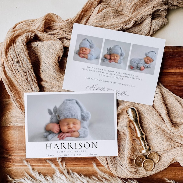 Classic Birth Announcement Template, Printable Newborn Baby Arrival Card, Editable Minimalist Modern Thank You Note, Digital Download