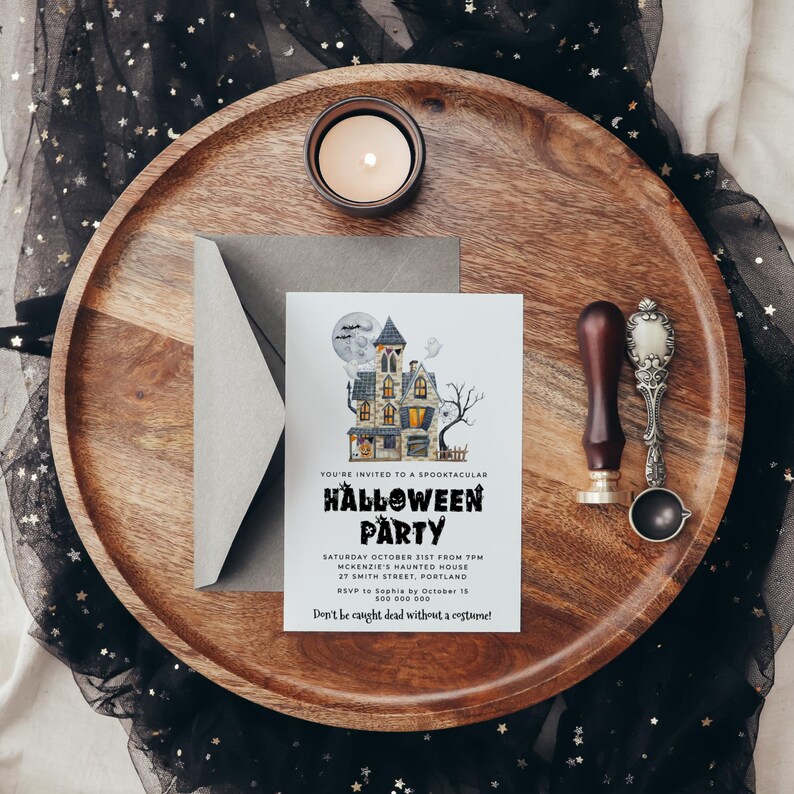 May include: A Halloween party invitation with a spooky house illustration. The invitation text reads "You're invited to a Spooktacular Halloween Party" and includes the date, time, location, and RSVP information.