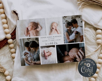 Newborn Baby Birth Announcement, Printable Photos Birth Arrival Card, Photo Collage Editable Baby Birth Announcement, Instant Download