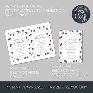 May include: Two invitation designs for a 4th of July celebration. One design prints multiple invitations per sheet, the other is a single page. Both feature red, white, and blue confetti and the text "4th of July Celebration."