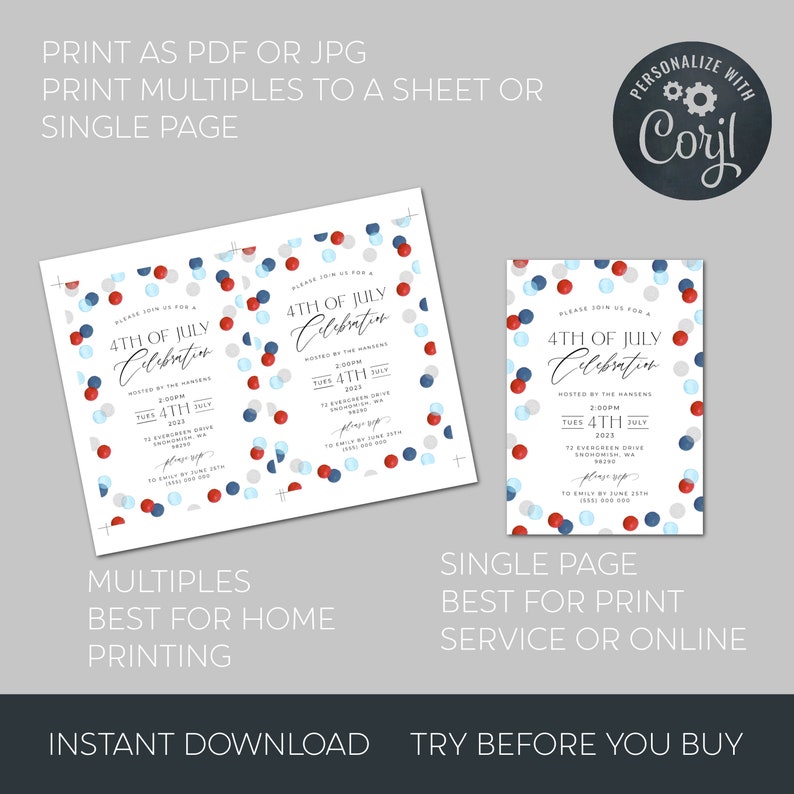 May include: Two invitation designs for a 4th of July celebration. One design prints multiple invitations per sheet, the other is a single page. Both feature red, white, and blue confetti and the text "4th of July Celebration."