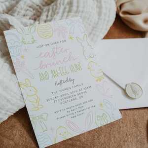 May include: A white card with a colorful illustration of bunnies, chicks, and eggs. The text reads "Hop on over for Easter brunch and an egg hunt, hosted by The Yiannis Family, Sunday April 20th at 10am, 27 Evergreen Grove, Portland, OR. RSVP to Haylie 0400 000 000 by April 15th. Please bring a basket for the egg hunt!"